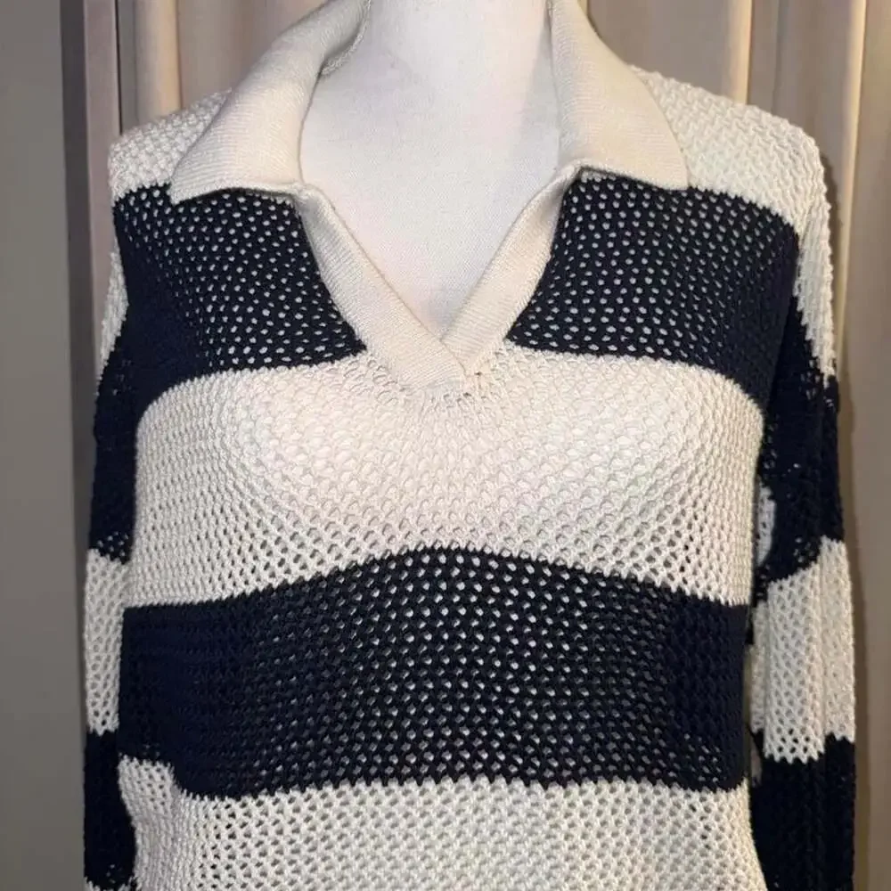 Nikka K Striped Collared Sweater Size L/G Cream Navy Open Knit V-Neck